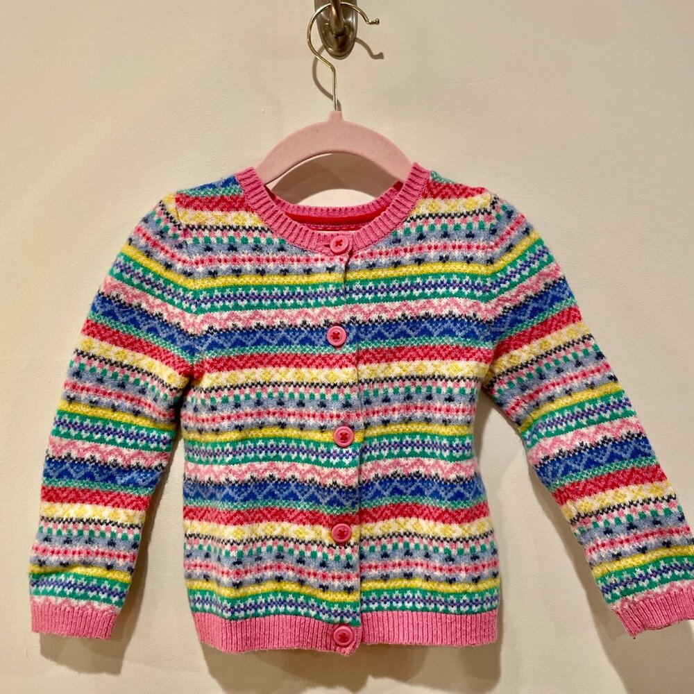 Baby Boden 2-3T Eden Birght Fair Isle Cotton & Wool Cardigan